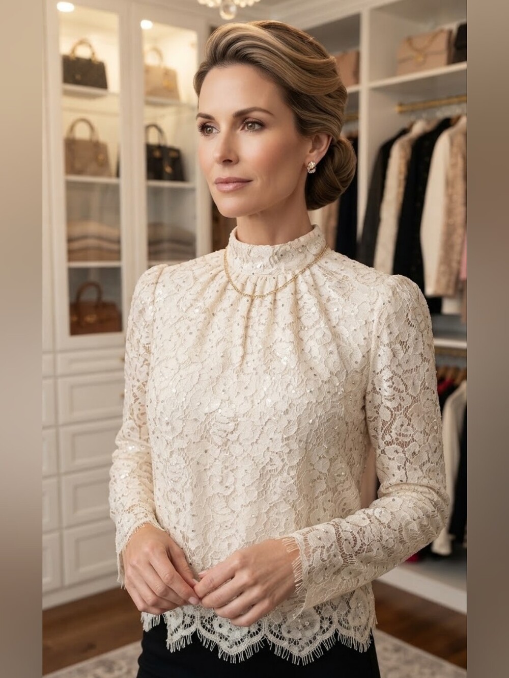 White House Black Market Cream Lace High-Neck Blouse With Crystals Size 12 (M) P